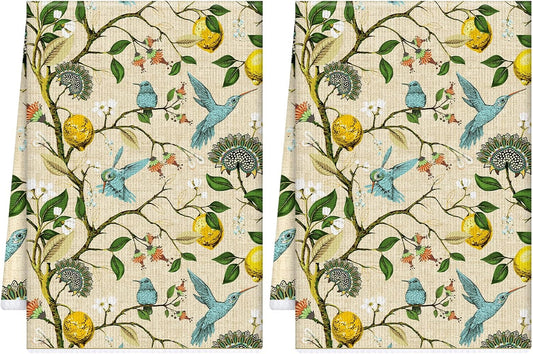 Microfiber Kitchen Towels Set of 2, Reusable 16"x24" Dish Towels with Hanging Loop, Cute Tea Kitchen Towels for Home Decorations Housewarming Gift (Lemon and Bird)