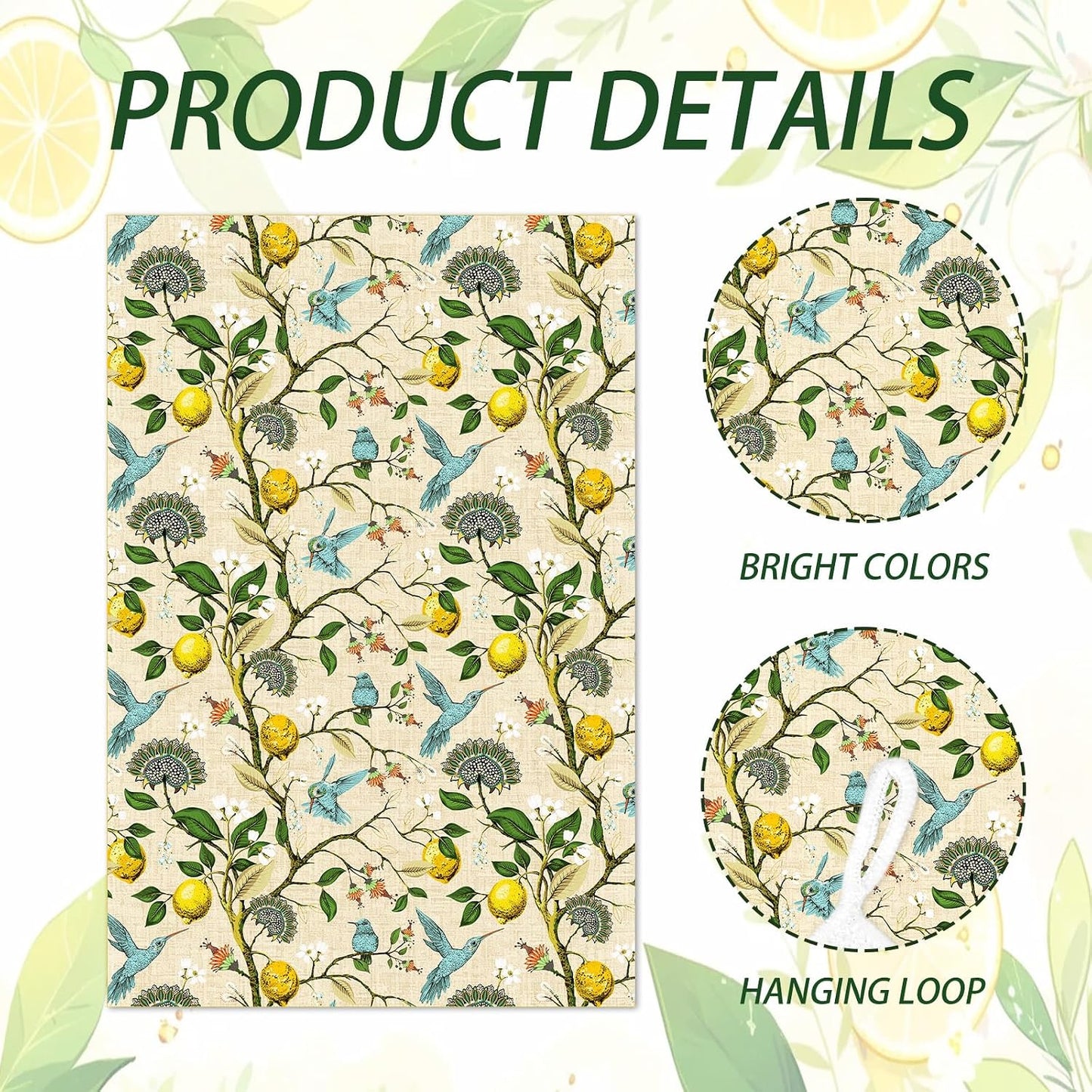 Microfiber Kitchen Towels Set of 2, Reusable 16"x24" Dish Towels with Hanging Loop, Cute Tea Kitchen Towels for Home Decorations Housewarming Gift (Lemon and Bird)