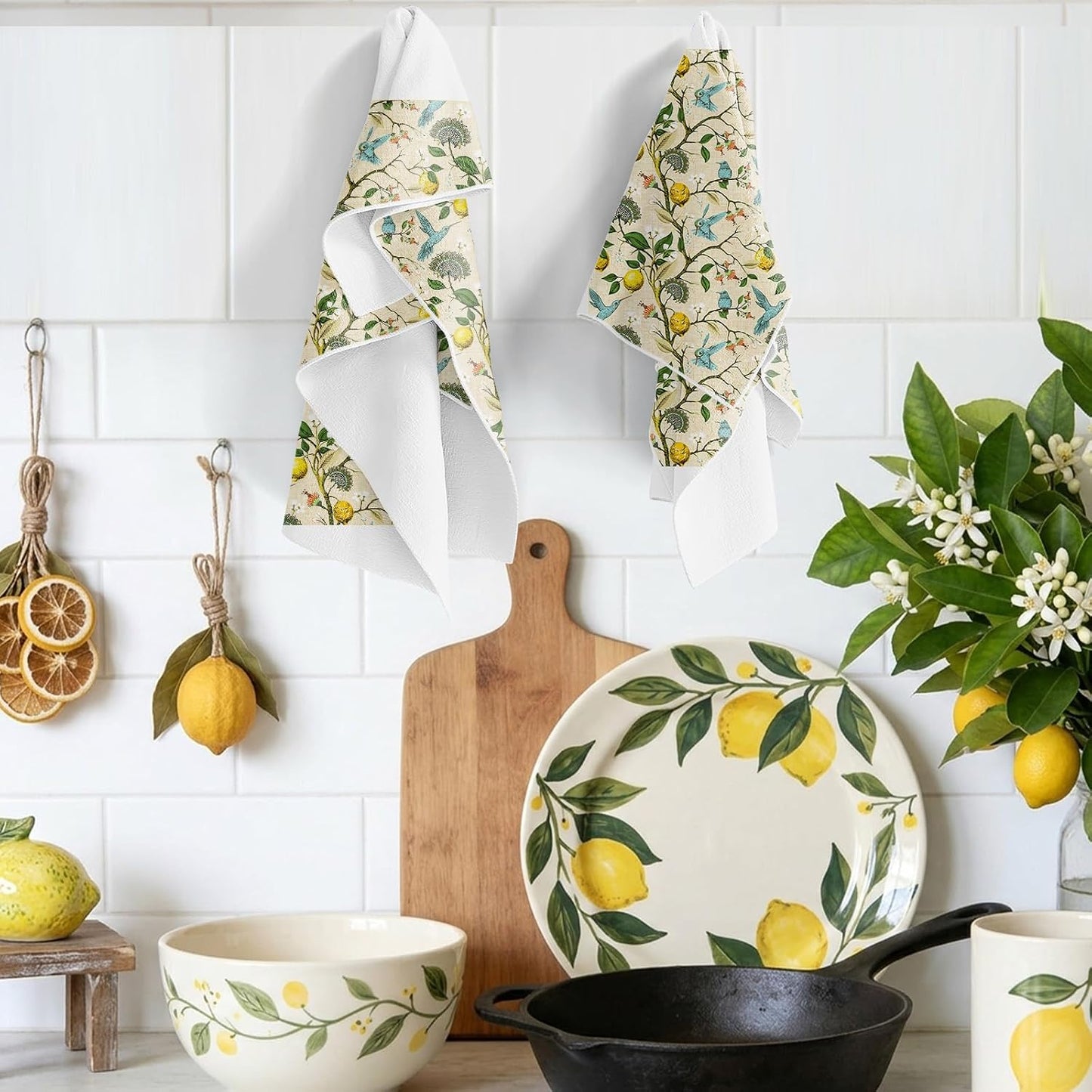 Microfiber Kitchen Towels Set of 2, Reusable 16"x24" Dish Towels with Hanging Loop, Cute Tea Kitchen Towels for Home Decorations Housewarming Gift (Lemon and Bird)