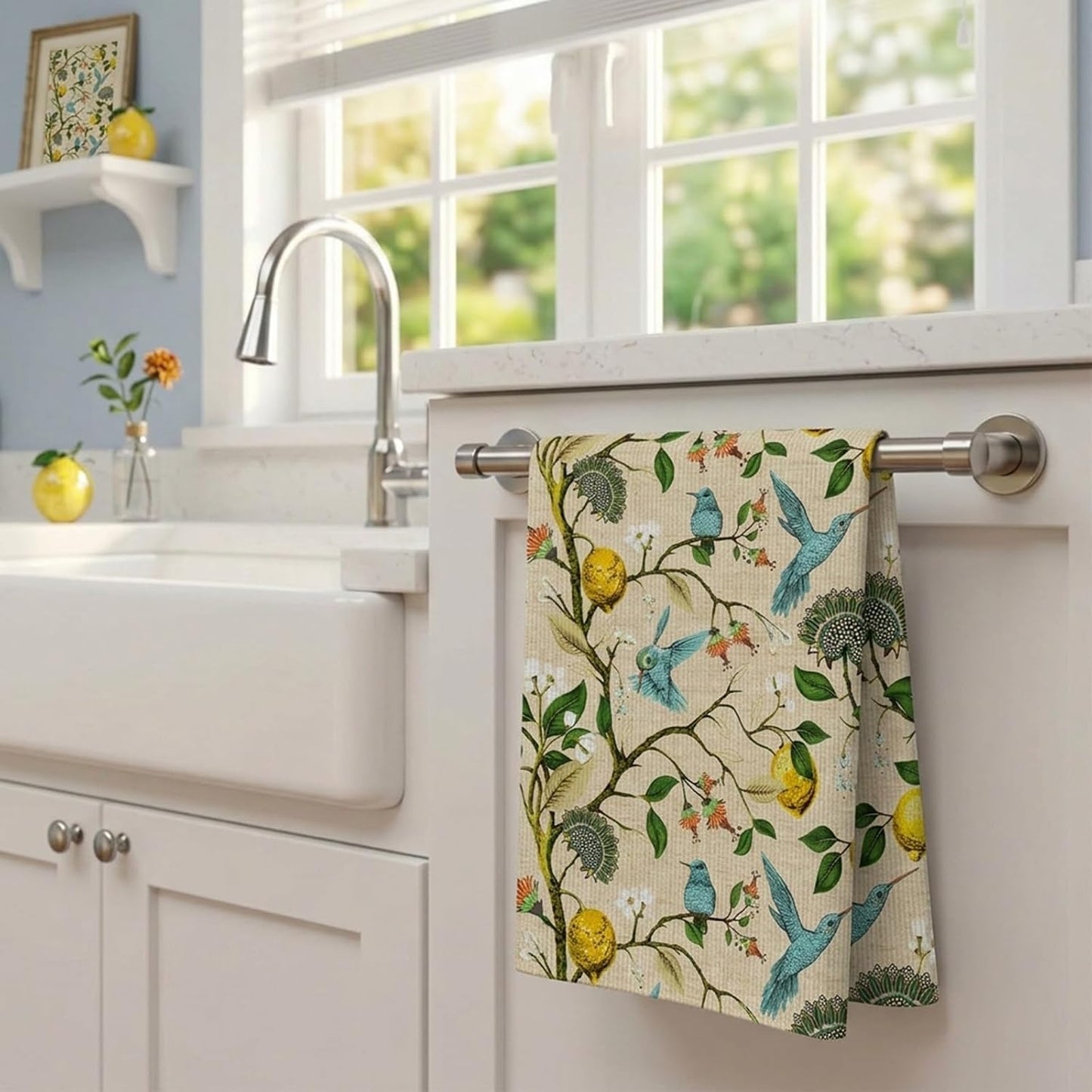 Microfiber Kitchen Towels Set of 2, Reusable 16"x24" Dish Towels with Hanging Loop, Cute Tea Kitchen Towels for Home Decorations Housewarming Gift (Lemon and Bird)