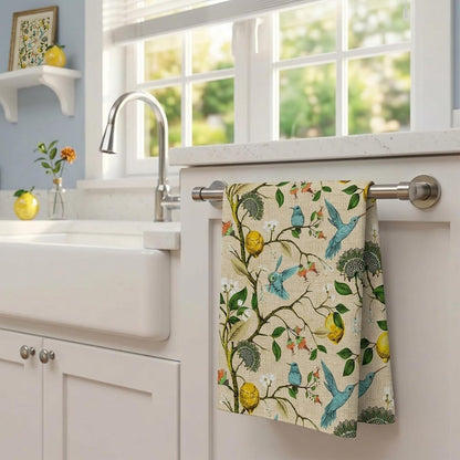 Microfiber Kitchen Towels Set of 2, Reusable 16"x24" Dish Towels with Hanging Loop, Cute Tea Kitchen Towels for Home Decorations Housewarming Gift (Lemon and Bird)