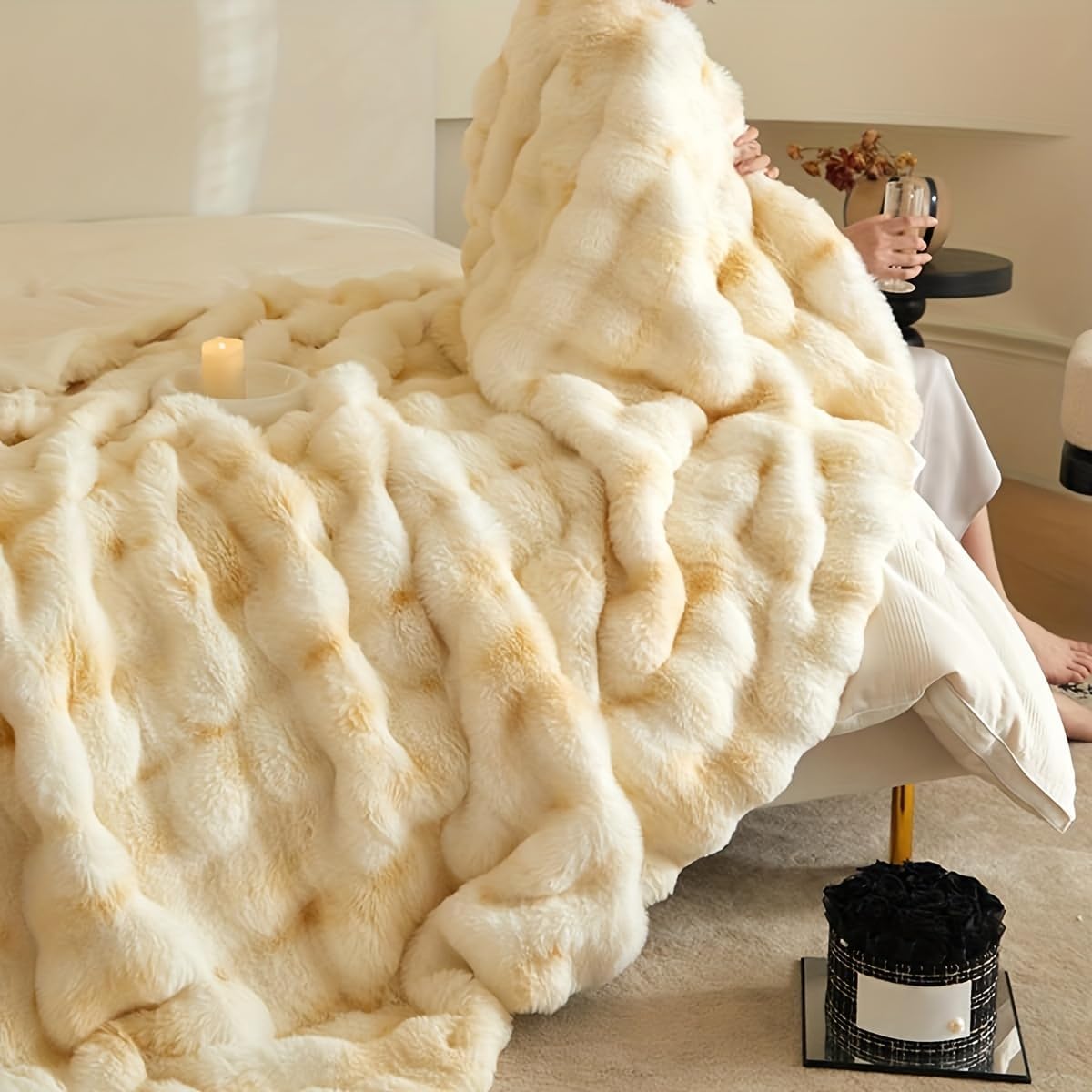 Ultra Soft Luxury Fluffy Faux Rabbit Fur Throw Blanket, Thick Warm Bubble Throw for Bed, Cozy Plush Reversible Blankets for Couch, Chair, Sofa (Yellow,50 X 60 Inch)