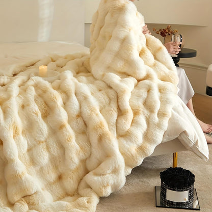 Ultra Soft Luxury Fluffy Faux Rabbit Fur Throw Blanket, Thick Warm Bubble Throw for Bed, Cozy Plush Reversible Blankets for Couch, Chair, Sofa (Yellow,50 X 60 Inch)