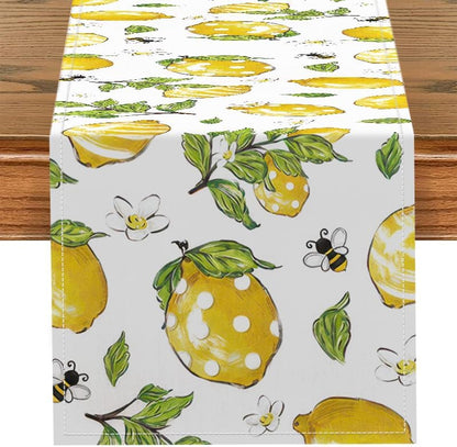 Lemon Table Runner, Yellow Lemon with Green Leaves, Flowers and Bee Pattern, Summer Farmhouse Decor for Kitchen, Dining Table, Party and Home Decoration, 13x72 Inch (Whimsical Polka Lemon)