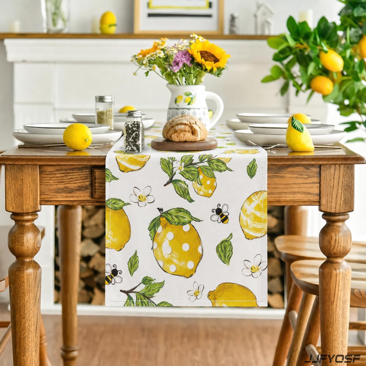 Lemon Table Runner, Yellow Lemon with Green Leaves, Flowers and Bee Pattern, Summer Farmhouse Decor for Kitchen, Dining Table, Party and Home Decoration, 13x72 Inch (Whimsical Polka Lemon)