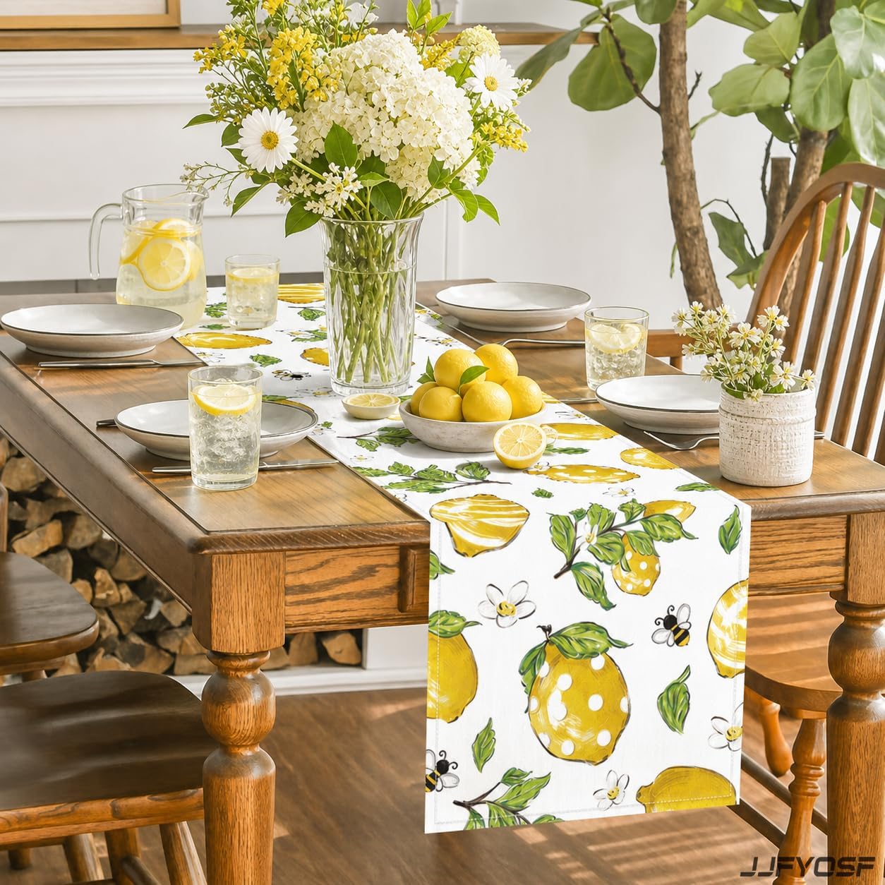 Lemon Table Runner, Yellow Lemon with Green Leaves, Flowers and Bee Pattern, Summer Farmhouse Decor for Kitchen, Dining Table, Party and Home Decoration, 13x72 Inch (Whimsical Polka Lemon)