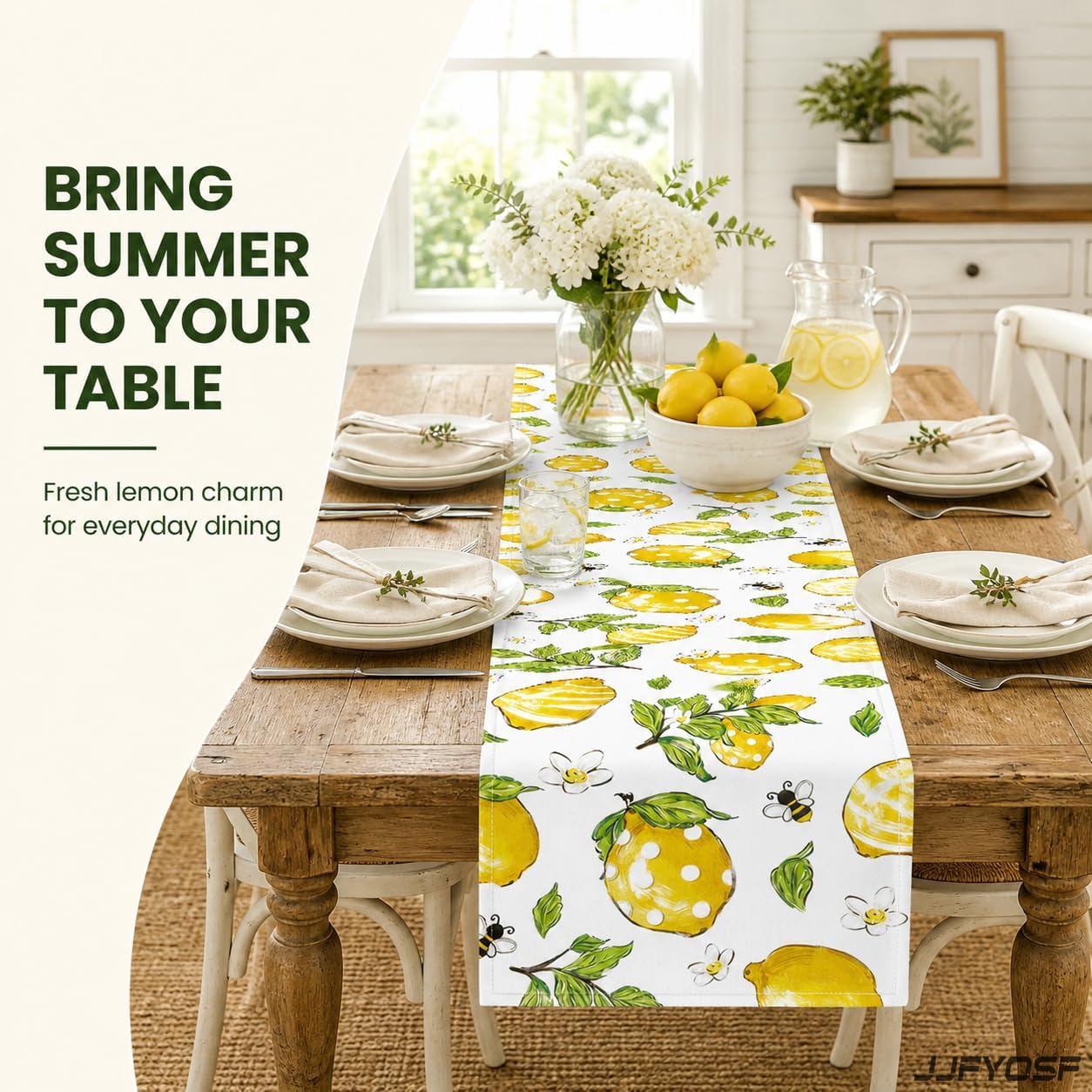 Lemon Table Runner, Yellow Lemon with Green Leaves, Flowers and Bee Pattern, Summer Farmhouse Decor for Kitchen, Dining Table, Party and Home Decoration, 13x72 Inch (Whimsical Polka Lemon)
