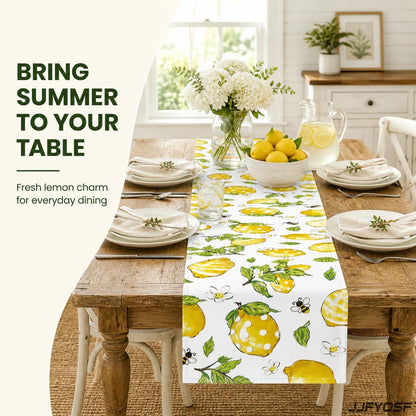Lemon Table Runner, Yellow Lemon with Green Leaves, Flowers and Bee Pattern, Summer Farmhouse Decor for Kitchen, Dining Table, Party and Home Decoration, 13x72 Inch (Whimsical Polka Lemon)