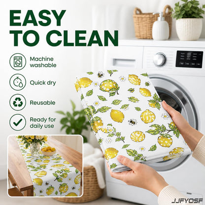 Lemon Table Runner, Yellow Lemon with Green Leaves, Flowers and Bee Pattern, Summer Farmhouse Decor for Kitchen, Dining Table, Party and Home Decoration, 13x72 Inch (Whimsical Polka Lemon)