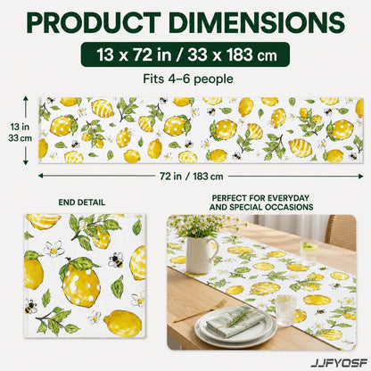 Lemon Table Runner, Yellow Lemon with Green Leaves, Flowers and Bee Pattern, Summer Farmhouse Decor for Kitchen, Dining Table, Party and Home Decoration, 13x72 Inch (Whimsical Polka Lemon)