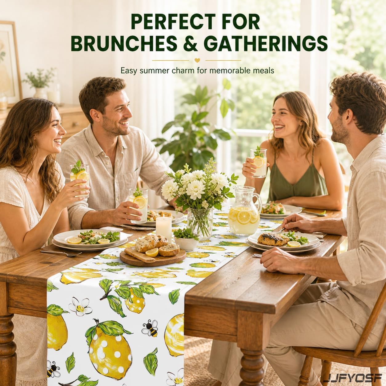 Lemon Table Runner, Yellow Lemon with Green Leaves, Flowers and Bee Pattern, Summer Farmhouse Decor for Kitchen, Dining Table, Party and Home Decoration, 13x72 Inch (Whimsical Polka Lemon)