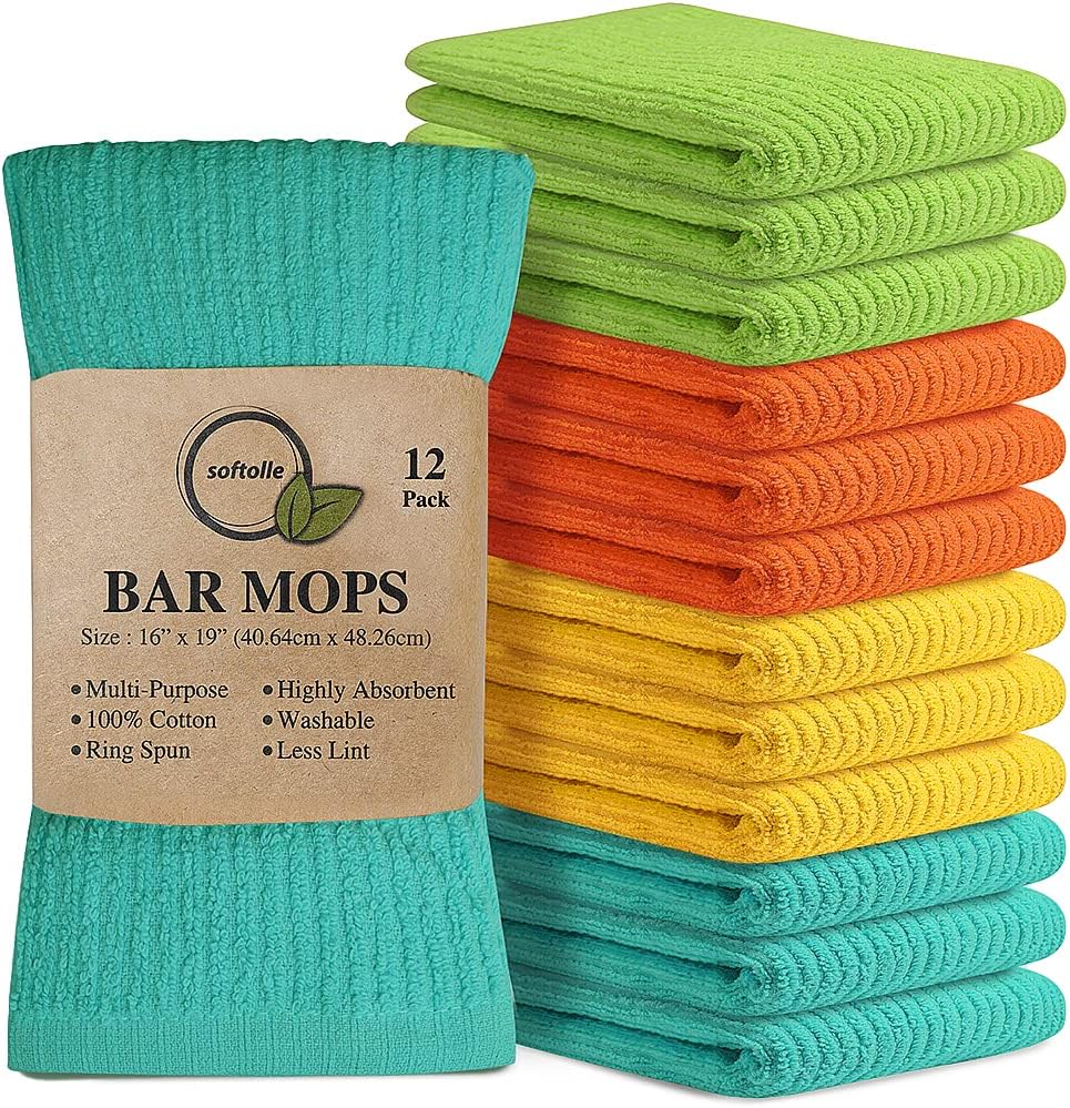 Bar Mop Towels, Pack of 12-16x19 Inches - 100% Cotton Super Absorbent Towels, Multi-Purpose for Home and Bar Cleaning (Yellow, Orange, Light Green, Aqua)