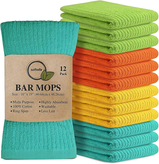 Bar Mop Towels, Pack of 12-16x19 Inches - 100% Cotton Super Absorbent Towels, Multi-Purpose for Home and Bar Cleaning (Yellow, Orange, Light Green, Aqua)