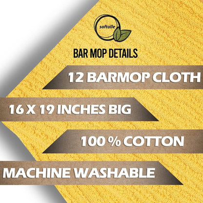 Bar Mop Towels, Pack of 12-16x19 Inches - 100% Cotton Super Absorbent Towels, Multi-Purpose for Home and Bar Cleaning (Yellow, Orange, Light Green, Aqua)