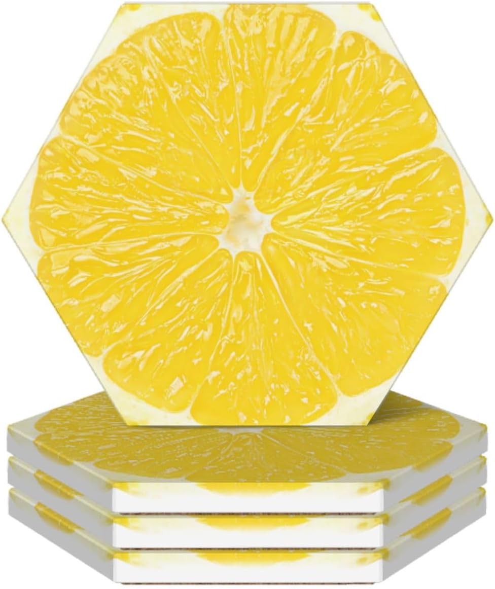 Yellow Lemon Slices Coasters for Drinks Set of 4, Funny Fruit Ceramic Coasters with Cork Base Absorbent for Dining Tables Restaurants Cafes Home Decor,Housewarming Gift,Hexagon
