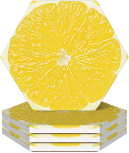 Yellow Lemon Slices Coasters for Drinks Set of 4, Funny Fruit Ceramic Coasters with Cork Base Absorbent for Dining Tables Restaurants Cafes Home Decor,Housewarming Gift,Hexagon