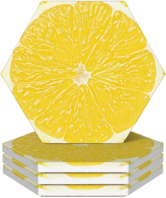 Yellow Lemon Slices Coasters for Drinks Set of 4, Funny Fruit Ceramic Coasters with Cork Base Absorbent for Dining Tables Restaurants Cafes Home Decor,Housewarming Gift,Hexagon