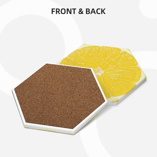 Yellow Lemon Slices Coasters for Drinks Set of 4, Funny Fruit Ceramic Coasters with Cork Base Absorbent for Dining Tables Restaurants Cafes Home Decor,Housewarming Gift,Hexagon