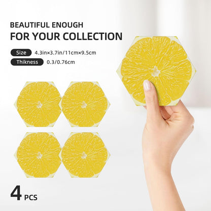Yellow Lemon Slices Coasters for Drinks Set of 4, Funny Fruit Ceramic Coasters with Cork Base Absorbent for Dining Tables Restaurants Cafes Home Decor,Housewarming Gift,Hexagon