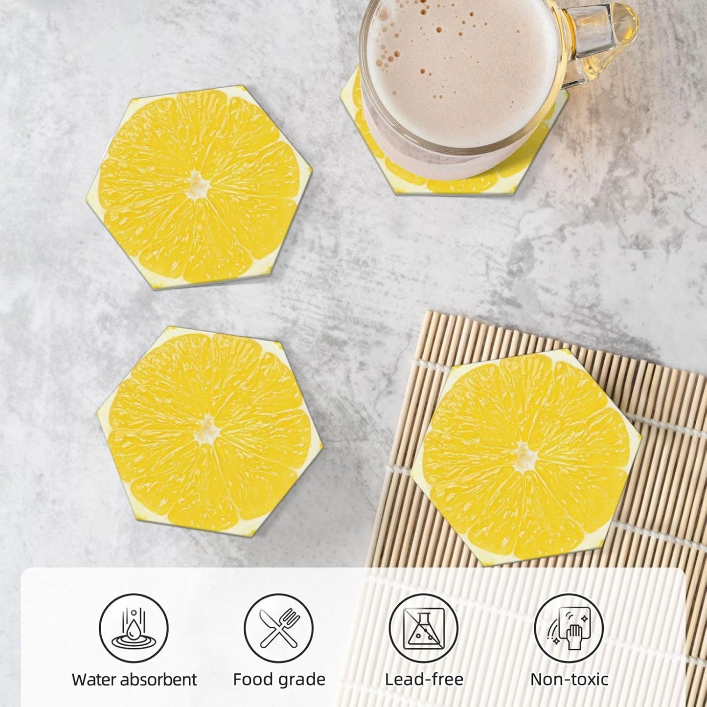 Yellow Lemon Slices Coasters for Drinks Set of 4, Funny Fruit Ceramic Coasters with Cork Base Absorbent for Dining Tables Restaurants Cafes Home Decor,Housewarming Gift,Hexagon