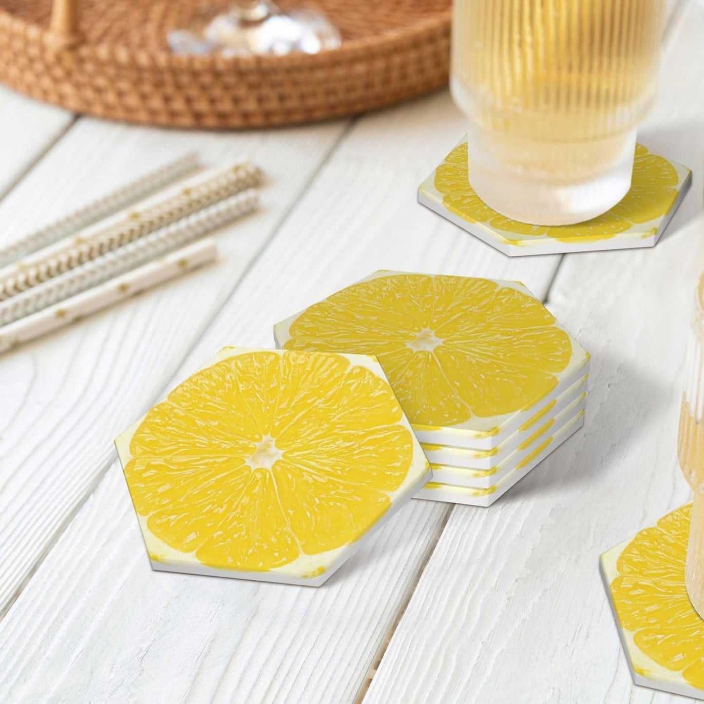 Yellow Lemon Slices Coasters for Drinks Set of 4, Funny Fruit Ceramic Coasters with Cork Base Absorbent for Dining Tables Restaurants Cafes Home Decor,Housewarming Gift,Hexagon