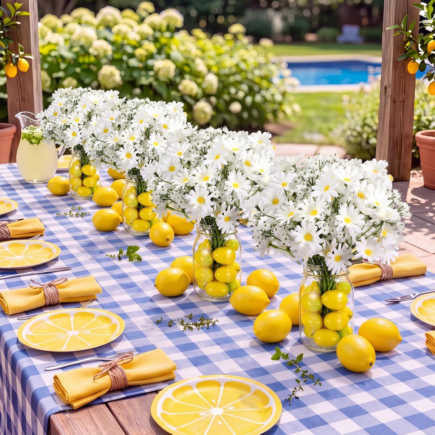 6 Set Lemon Party Centerpieces for Table Mason Jar Table Decor with Artificial Lemons Daisy Baby Breath Flowers for Summer Farmhouse Wedding Picnic Birthday Party BBQ Baby Shower (6, Lemon)