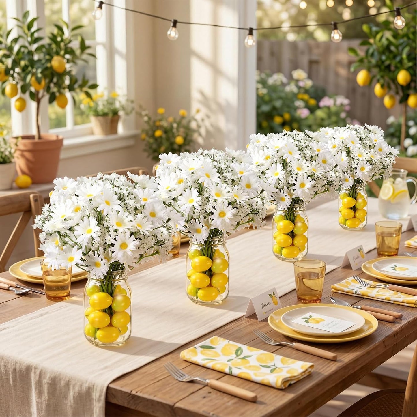 6 Set Lemon Party Centerpieces for Table Mason Jar Table Decor with Artificial Lemons Daisy Baby Breath Flowers for Summer Farmhouse Wedding Picnic Birthday Party BBQ Baby Shower (6, Lemon)