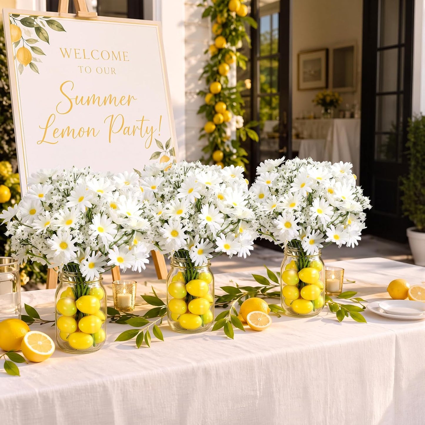 6 Set Lemon Party Centerpieces for Table Mason Jar Table Decor with Artificial Lemons Daisy Baby Breath Flowers for Summer Farmhouse Wedding Picnic Birthday Party BBQ Baby Shower (6, Lemon)