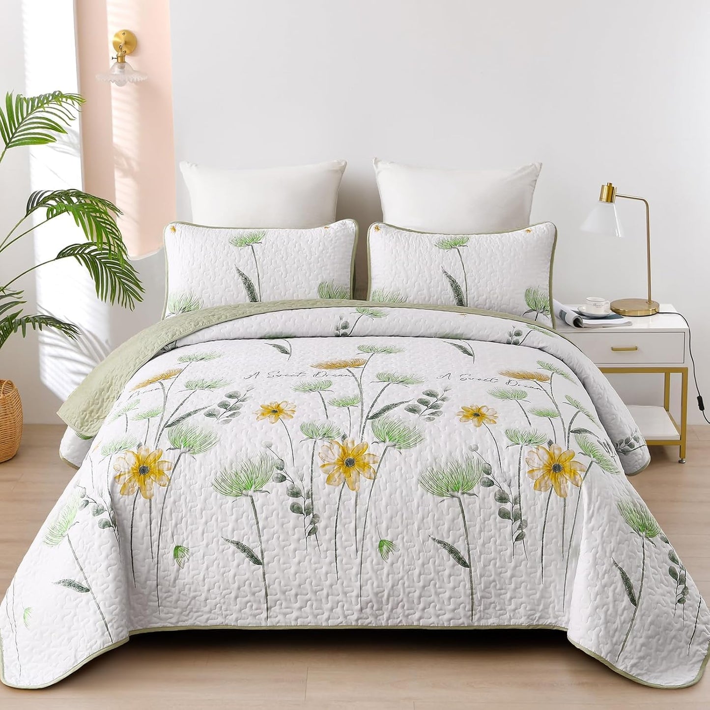 Floral Quilt Set Queen,Green Yellow Bedspread Queen Size 3 Pieces Sage Green Bedding Set Summer Fall Quilts Soft Flower Bedspreads White Coverlet Sets for All Season