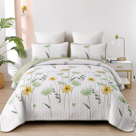 Floral Quilt Set Queen,Green Yellow Bedspread Queen Size 3 Pieces Sage Green Bedding Set Summer Fall Quilts Soft Flower Bedspreads White Coverlet Sets for All Season