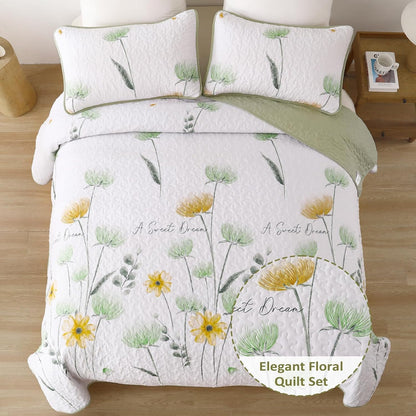 Floral Quilt Set Queen,Green Yellow Bedspread Queen Size 3 Pieces Sage Green Bedding Set Summer Fall Quilts Soft Flower Bedspreads White Coverlet Sets for All Season