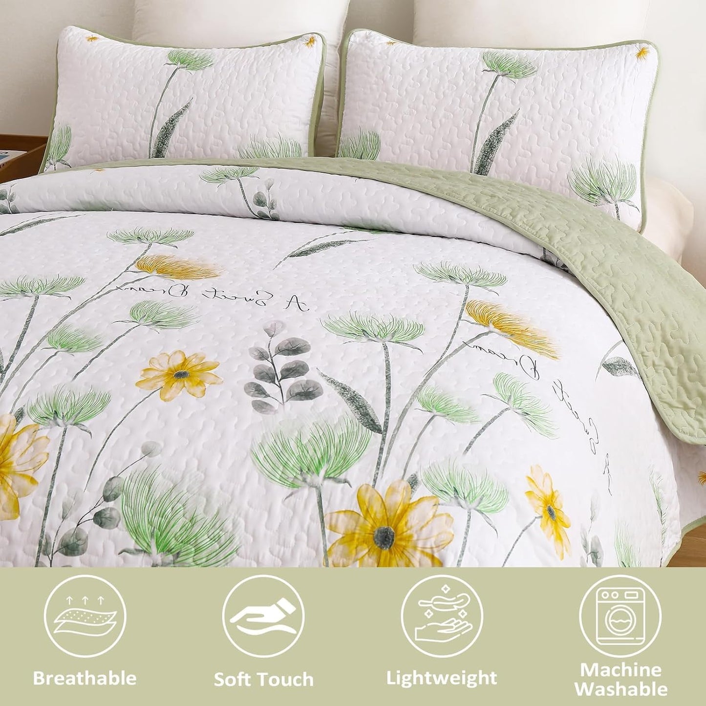 Floral Quilt Set Queen,Green Yellow Bedspread Queen Size 3 Pieces Sage Green Bedding Set Summer Fall Quilts Soft Flower Bedspreads White Coverlet Sets for All Season