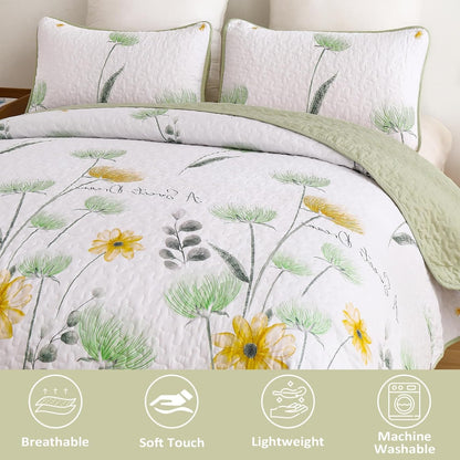 Floral Quilt Set Queen,Green Yellow Bedspread Queen Size 3 Pieces Sage Green Bedding Set Summer Fall Quilts Soft Flower Bedspreads White Coverlet Sets for All Season