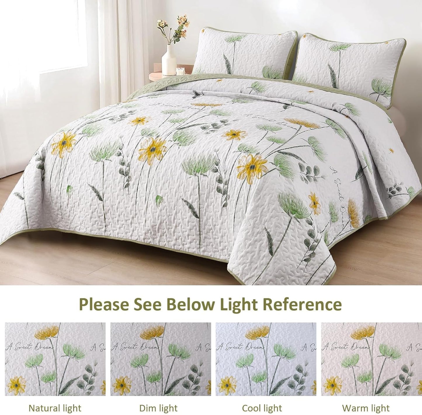 Floral Quilt Set Queen,Green Yellow Bedspread Queen Size 3 Pieces Sage Green Bedding Set Summer Fall Quilts Soft Flower Bedspreads White Coverlet Sets for All Season