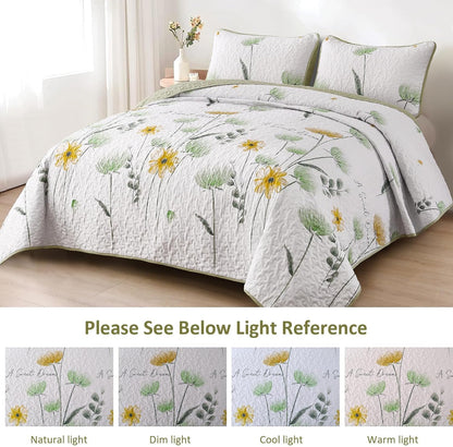 Floral Quilt Set Queen,Green Yellow Bedspread Queen Size 3 Pieces Sage Green Bedding Set Summer Fall Quilts Soft Flower Bedspreads White Coverlet Sets for All Season