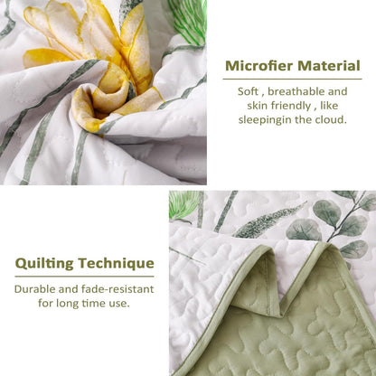 Floral Quilt Set Queen,Green Yellow Bedspread Queen Size 3 Pieces Sage Green Bedding Set Summer Fall Quilts Soft Flower Bedspreads White Coverlet Sets for All Season