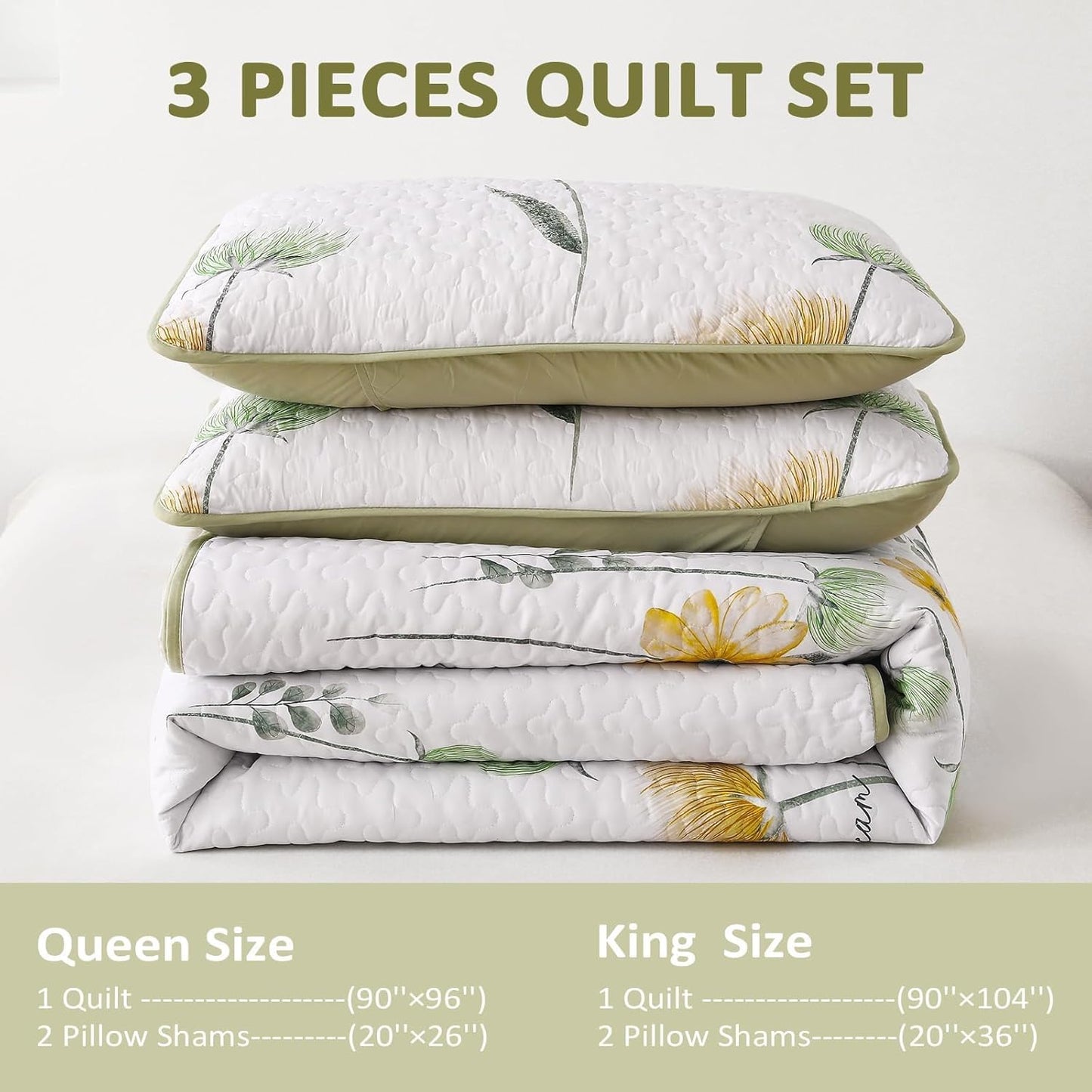 Floral Quilt Set Queen,Green Yellow Bedspread Queen Size 3 Pieces Sage Green Bedding Set Summer Fall Quilts Soft Flower Bedspreads White Coverlet Sets for All Season