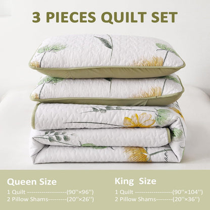 Floral Quilt Set Queen,Green Yellow Bedspread Queen Size 3 Pieces Sage Green Bedding Set Summer Fall Quilts Soft Flower Bedspreads White Coverlet Sets for All Season