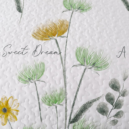 Floral Quilt Set Queen,Green Yellow Bedspread Queen Size 3 Pieces Sage Green Bedding Set Summer Fall Quilts Soft Flower Bedspreads White Coverlet Sets for All Season