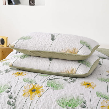 Floral Quilt Set Queen,Green Yellow Bedspread Queen Size 3 Pieces Sage Green Bedding Set Summer Fall Quilts Soft Flower Bedspreads White Coverlet Sets for All Season