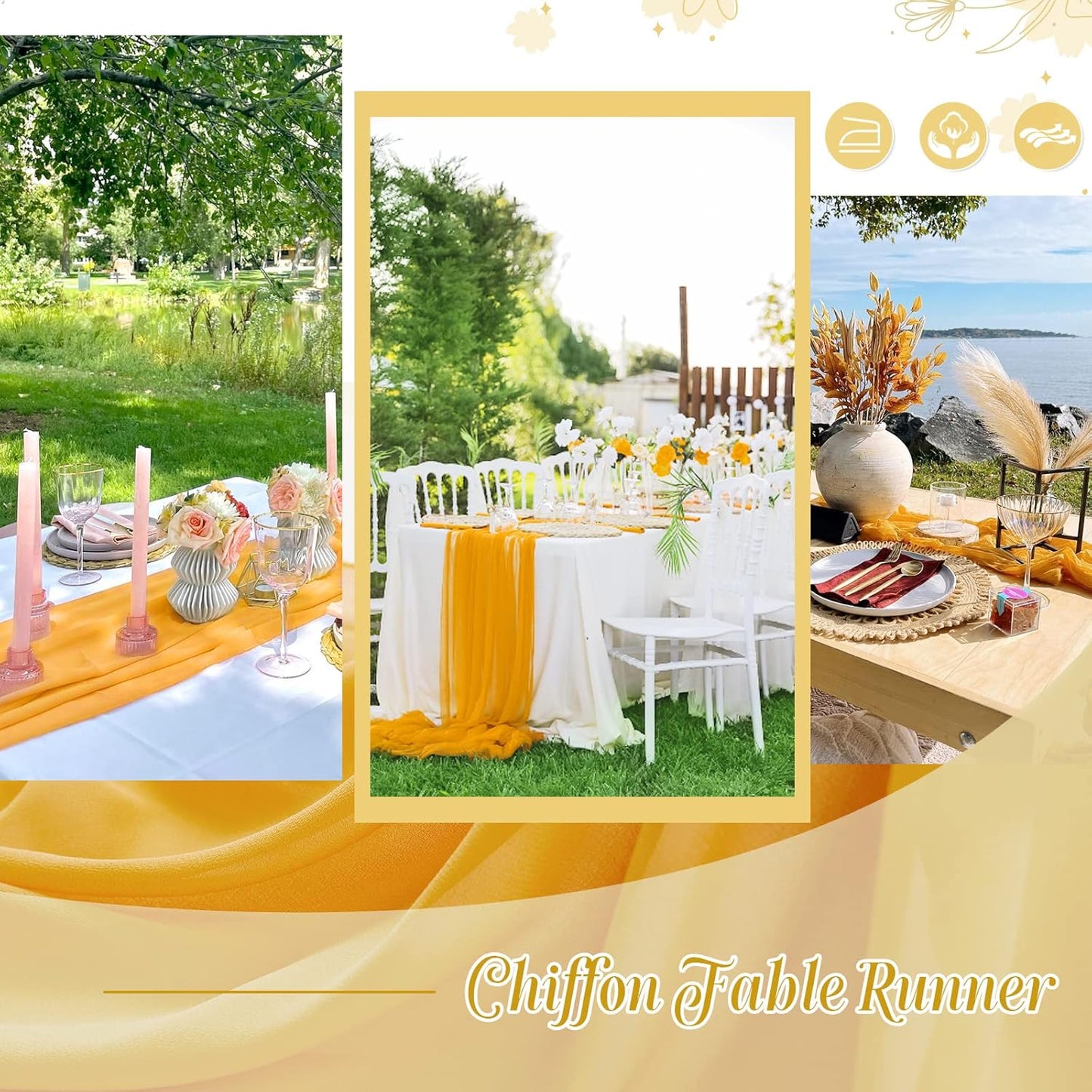 10FT Chiffon Table Runner 27x120 Inches Mustard Yellow Wedding Runner Sheer Fabric for Romantic Bridal Shower Decorations