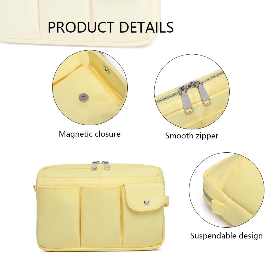 Storage Bag-arge Cosmetic Bag for Women Travel Makeup Bag Zip Up Bag Pure Cotton Canvas Can be Suspended (Yellow)