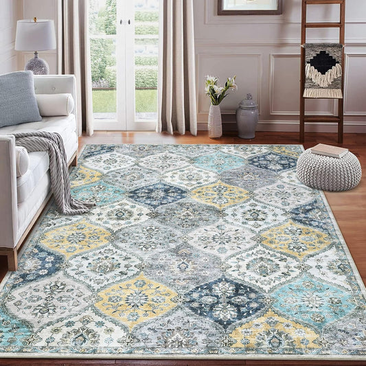 8x10 Area Rug Moroccan Trellis Machine Washable Rug Vintage Medallion Distressed Indoor Accent Rug Stain Resistant Non-Slip Floor Cover Carpet for Living Room Bedroom, Blue/Yellow