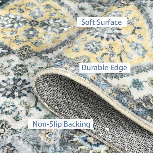 8x10 Area Rug Moroccan Trellis Machine Washable Rug Vintage Medallion Distressed Indoor Accent Rug Stain Resistant Non-Slip Floor Cover Carpet for Living Room Bedroom, Blue/Yellow