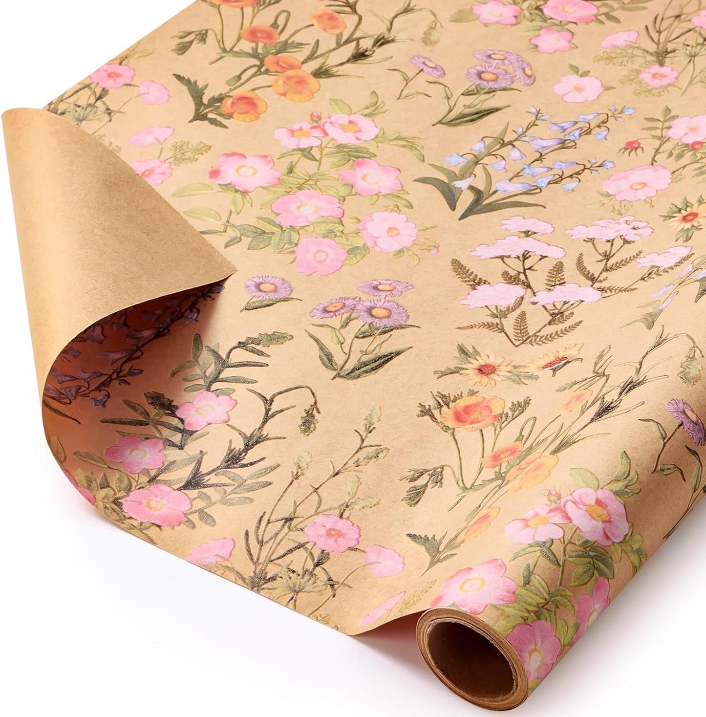 Kraft Floral Wrapping Paper - 16.4ft Wild Flower Gift Wrap | Wrap Paper Roll Spring Summer Flower Gift Packing for Girls Women Birthdays Weddings Bridal Shower Party Decor
