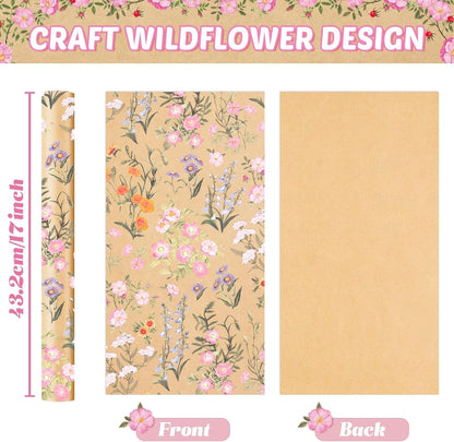 Kraft Floral Wrapping Paper - 16.4ft Wild Flower Gift Wrap | Wrap Paper Roll Spring Summer Flower Gift Packing for Girls Women Birthdays Weddings Bridal Shower Party Decor