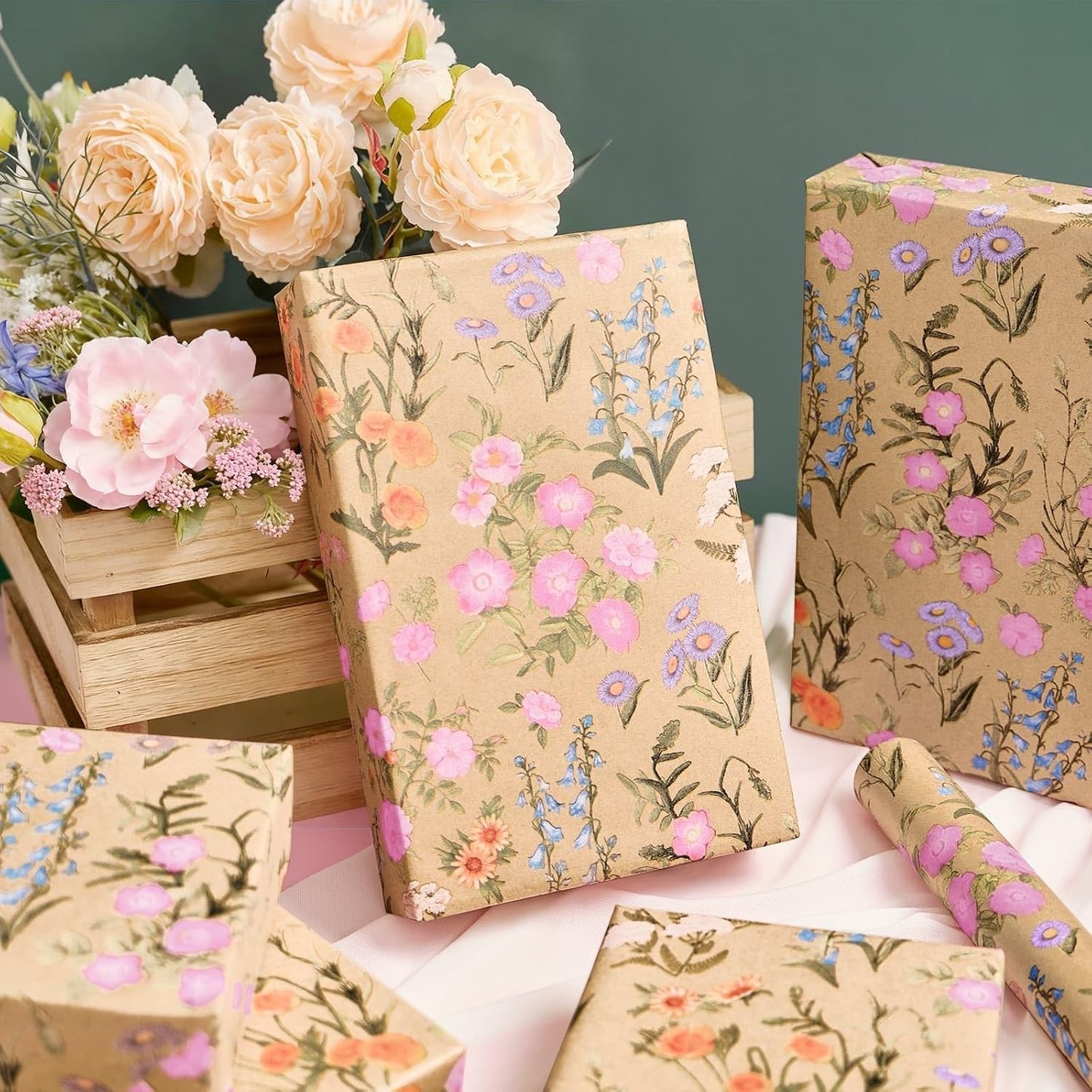 Kraft Floral Wrapping Paper - 16.4ft Wild Flower Gift Wrap | Wrap Paper Roll Spring Summer Flower Gift Packing for Girls Women Birthdays Weddings Bridal Shower Party Decor