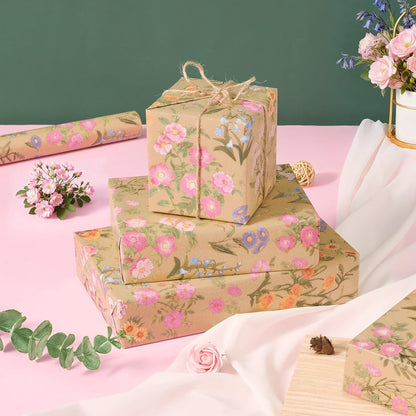 Kraft Floral Wrapping Paper - 16.4ft Wild Flower Gift Wrap | Wrap Paper Roll Spring Summer Flower Gift Packing for Girls Women Birthdays Weddings Bridal Shower Party Decor