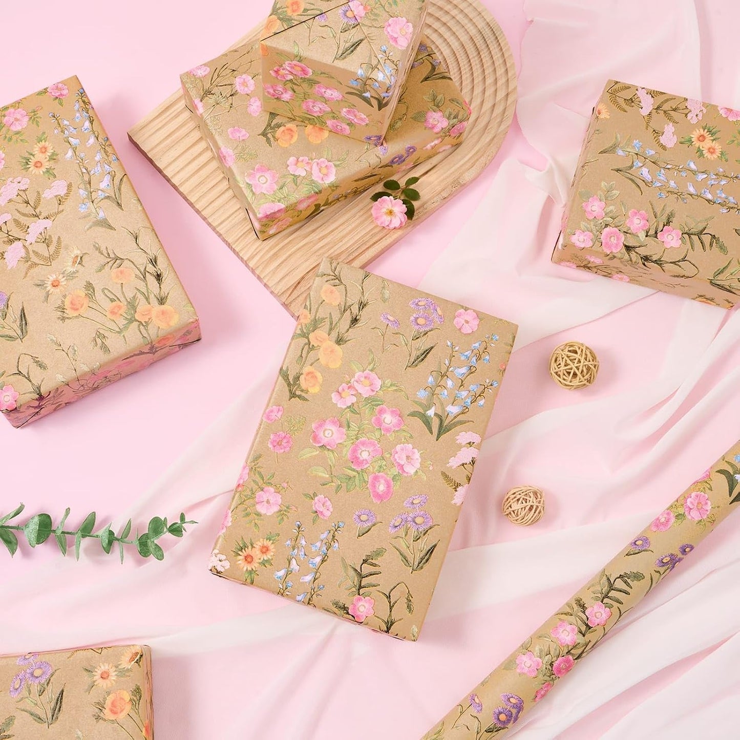 Kraft Floral Wrapping Paper - 16.4ft Wild Flower Gift Wrap | Wrap Paper Roll Spring Summer Flower Gift Packing for Girls Women Birthdays Weddings Bridal Shower Party Decor