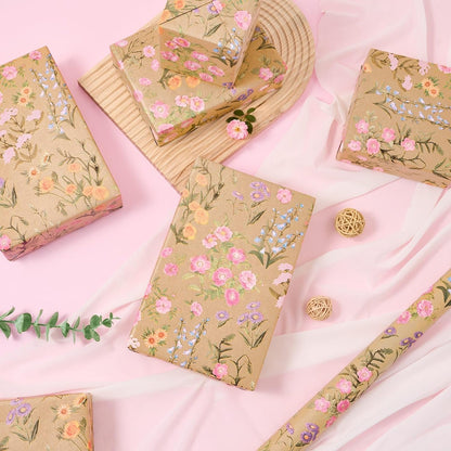 Kraft Floral Wrapping Paper - 16.4ft Wild Flower Gift Wrap | Wrap Paper Roll Spring Summer Flower Gift Packing for Girls Women Birthdays Weddings Bridal Shower Party Decor